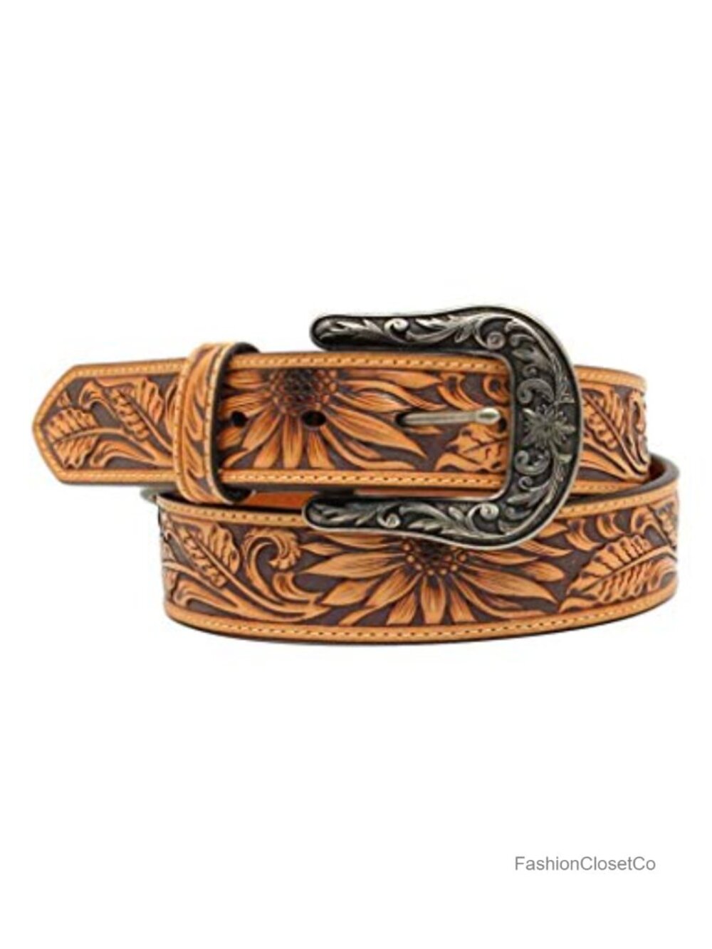 Tooled Sunflower Western Belt with Removable Embossed Buckle
